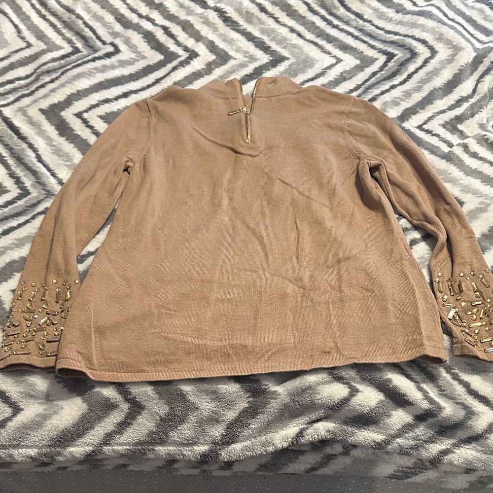 Chico's Tan Mock Neck Sweater with Beaded Cuffs - Picture 3 of 4
